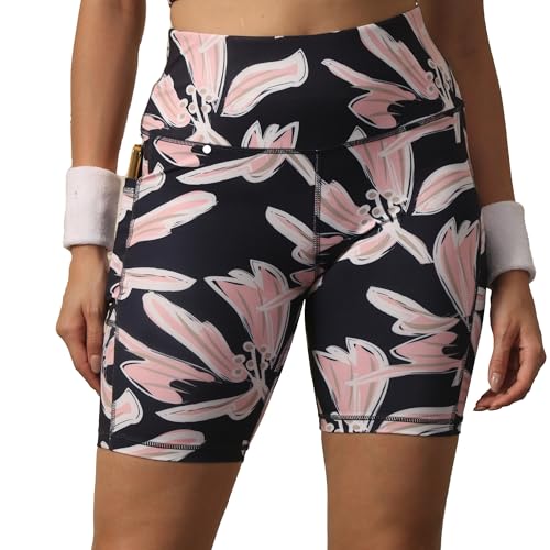 Image of SOIE Women Polyester Blend Sports Shorts High Waist Knee Length with Side Pocket Quick Dry Squat Proof Athleisure Shorts for Workout