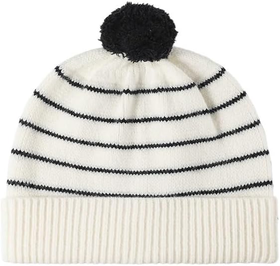 Winter Color Blocked Striped Light Plate Hat for Women Warm Thick Knitted Yarn Hats