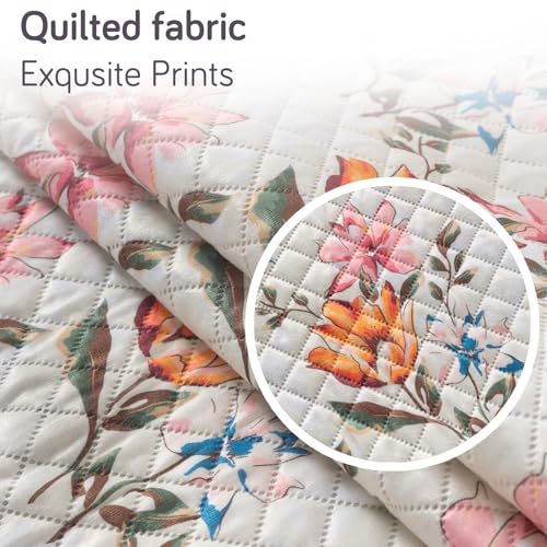 Image of HOKIPO Painterly Floral Quilted Sofa Cover 5 Seater Set - Washable 3+1+1 Sofa Cover Mat with Tassel Design | 'Tassel Twigs' Series (IN-985-T8 + IN-982-T8*2)