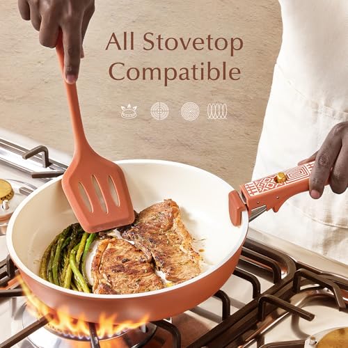 Image of CAROTE 21-Piece Ceramic Cookware Set, Nonstick Pots and Pans Set with Detachable Handle, Non-Toxic Kitchen Cooking Set, Induction Compatible, Dishwasher & Oven Safe, Terracotta
