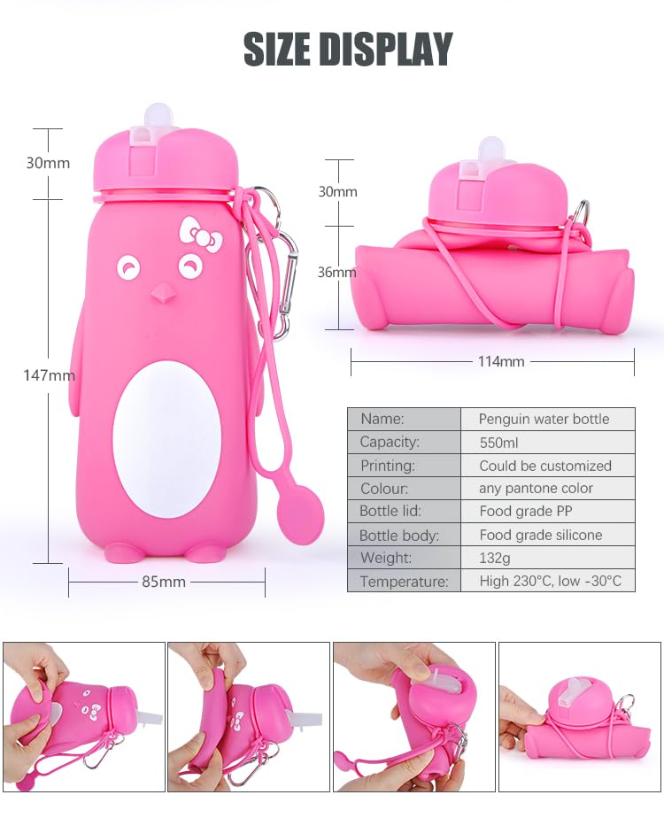 Wolobox Silicone Water Bottle Animal Penguin Water Bottle School Excursion Durable Practical and Original BPA Free Dishwasher Safe (Pink) - Image 2