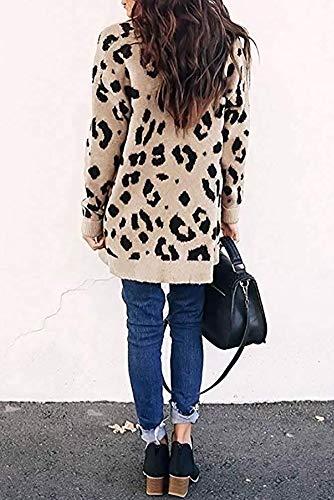 Qearal Womens Sweaters Boho Long Sleeve Open Front Leopard Cardigan Chunky Knit Outwear with Pockets (L, Apricot)
