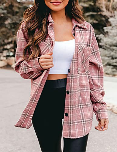 Zontroldy Womens Casual Plaid Shirts Color Block Button Down Long Sleeve Wool Blend Shirt Jacket Shackets Coats2