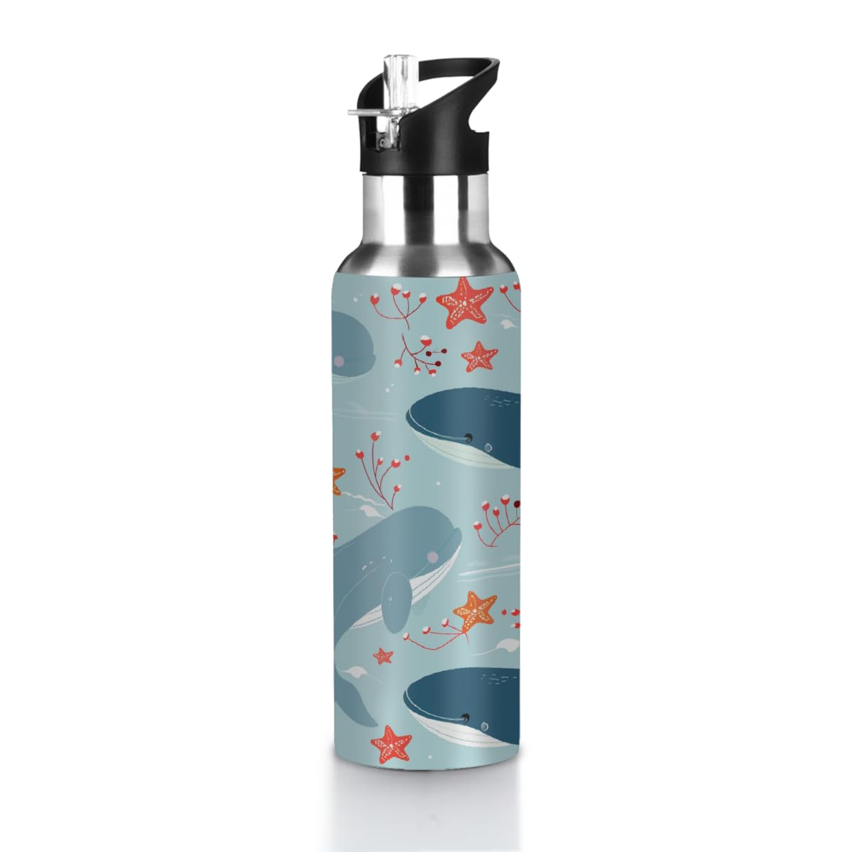 VQUVQV 600ml Water Bottle Stainless Steel Sports Drinks Bottle with Straw Lid, Cute Whale Ocean Pattern Insulated Bottles Vacuum Flask for Running Cycling Hiking