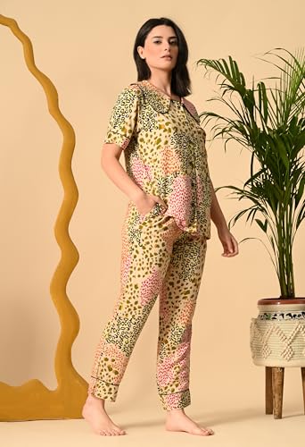 Image of Women's Cotton Printed Night Suit Set | Soft & Stylish Full Sleeve Shirt with Pajama | Comfortable Loungewear & Sleepwe,(Multicolor XS)