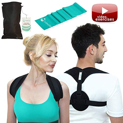 VIMFIT Posture Corrector for Women Men - Upper Back Support Clavicle Shoulder Brace Thoracic Kyphosis - Improve Bad Posture Alignment Fix Back Pain + Exercises and Stretch Band