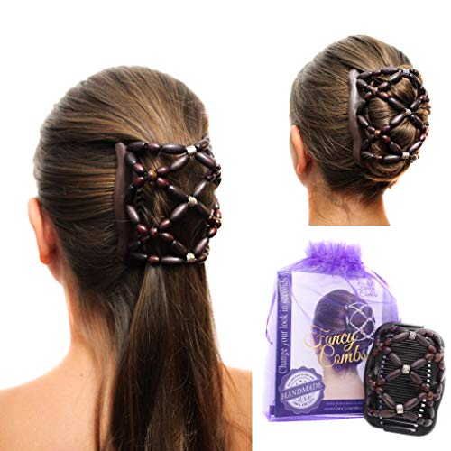 Fancy Combs USA MADE Thick Hair Clip Combs Hair accessories for Women and Girls – Natural Wooden Beaded Double Hair Comb Clip – Instant Bun Maker, Easy Updo, French Twist Comb, Secure Hold All day