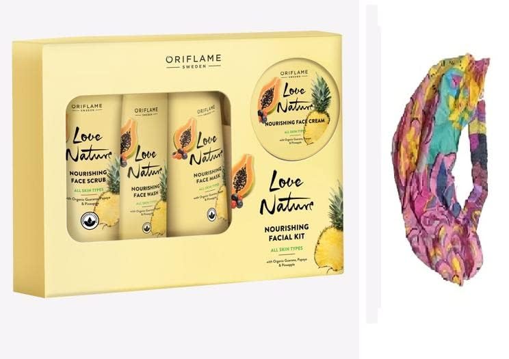 love nature nourishing facial kit with organic guarana, papaya and pineapple and colourful head band for girls/women - combo