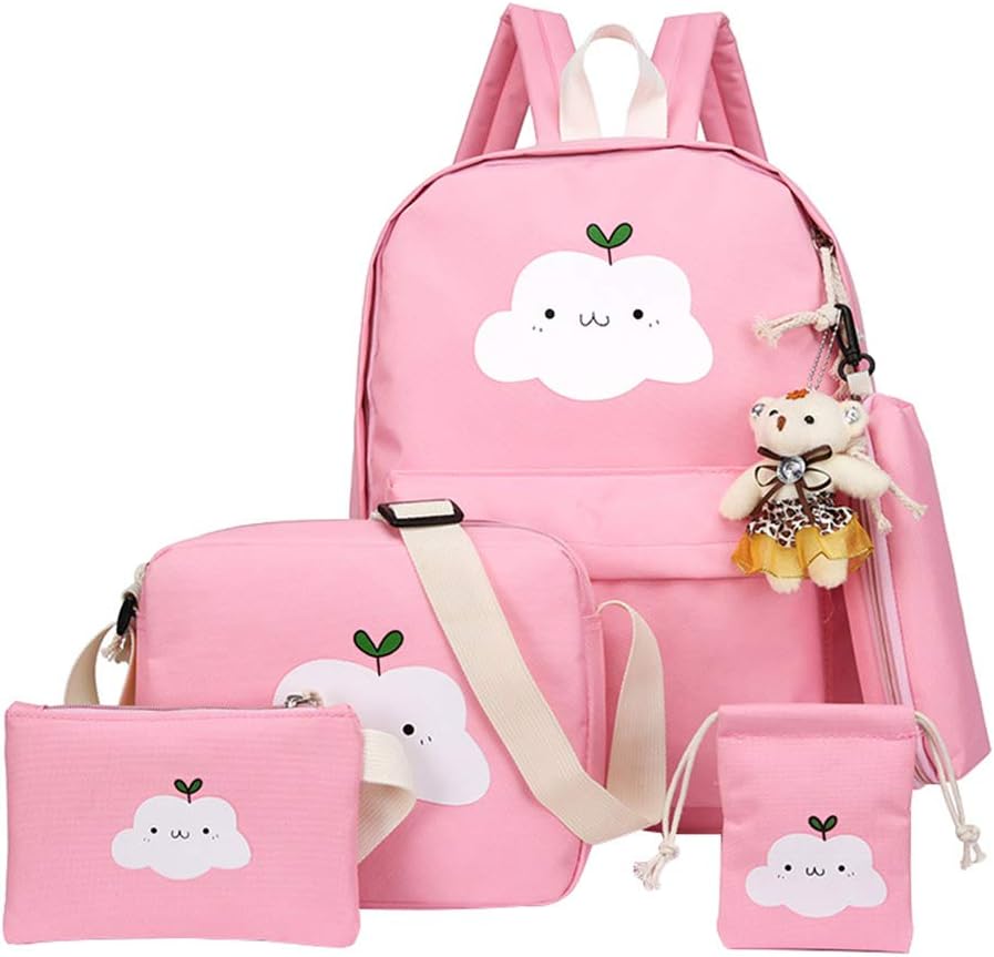 Cute Cloud Printing Schoolbag Students Canvas Backpack Bookbag with Bear Pendent Elementary School Kawaii Versatile Practical Rucksack Shoulder Bag Handbag 5pcs Set