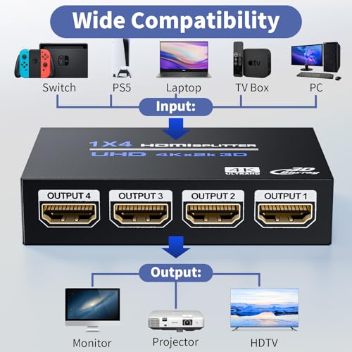 Image of HDMI Splitter 1 in 4 Out 4K@30Hz, Powered 1x4 HDMI Video Splitter 4 Ports with Power Cord, Duplicate /Mirror Screen, Supports UltralHD 3D 1080P HDCP 1.4 for HDTV, STB, DVD, PS5 /4 /3, Projector, Etc