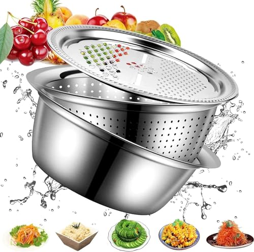 Image of KRESHU 3IN1 Stainless Steel Basin Set with Colander Grater Lid 3-Piece Multi-Function Mixing Bowl for Washing, Stainless Steel Basin Set (26 * 26 * 10CM)