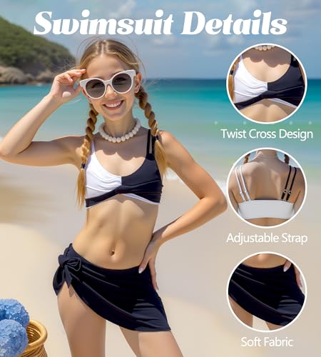 Image of Girls Swimsuits Bathing Suit Bikini Set V Neck Twist Cross Swimwear with Cover Up Skirt for Teens 9-15T