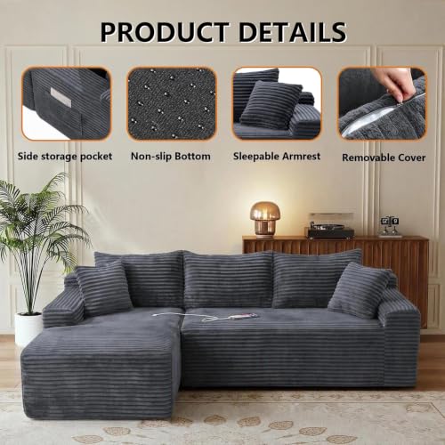Image of 106.3 inch L Shaped Boneless Sectional Corduroy Couches for Living Room(Gray)