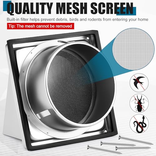 Image of Gisafai 6 inch Dryer Vent Cover Outside with Stainless Steel Guard Wall Dryer Exhaust Cap and Removable Extended Pipe Vent Shroud Hood Cushioned Non Return Flap with Sealing Gasket Grille(Silver)