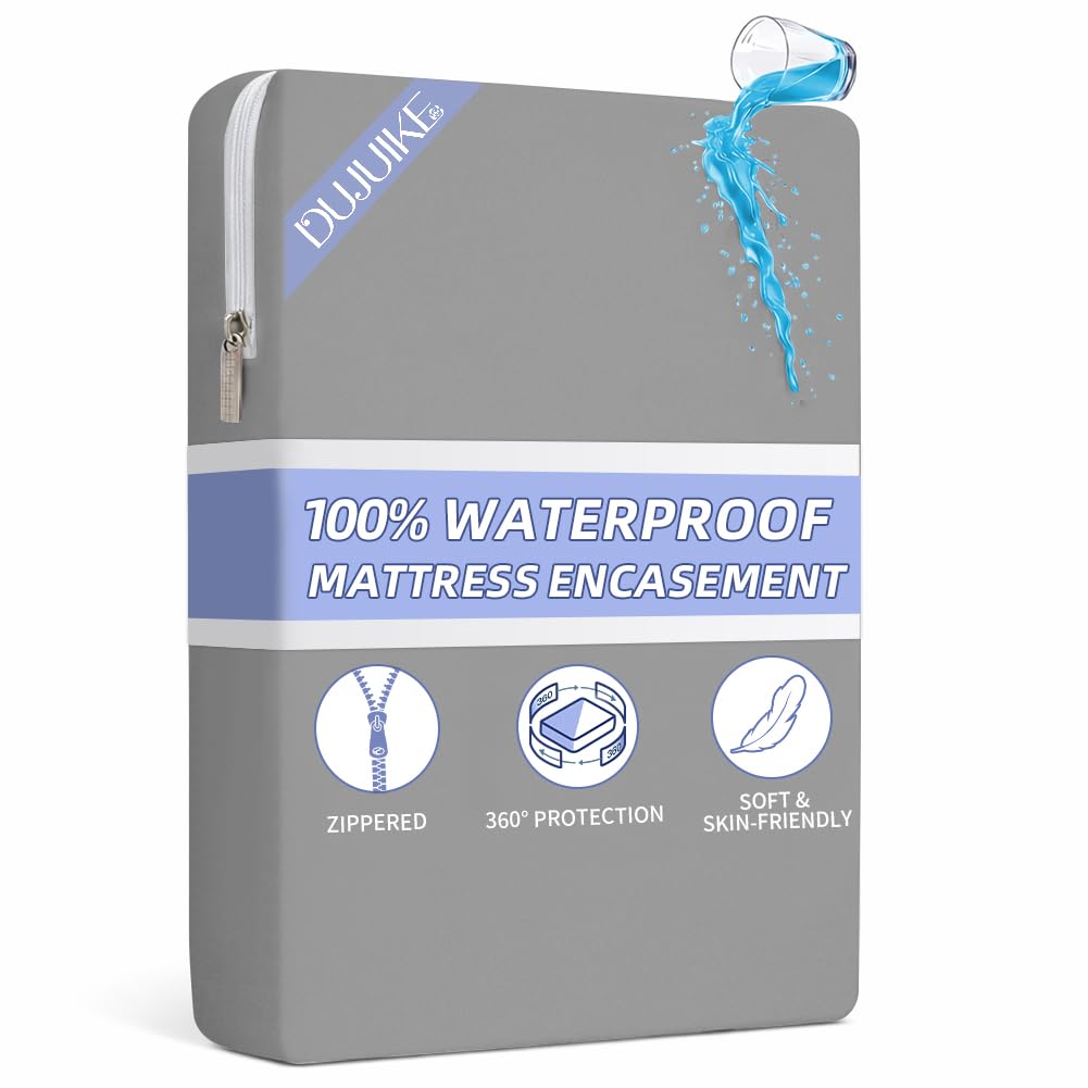 DUJUIKE Waterproof Mattress Cover, Zippered Mattress Protector, 100% Waterproof, Bed Bug and Dust Mite Repellent, Hypoallergenic, Double-Side Zippers (Grey, Super King: 180 x 200 x 20 cm)