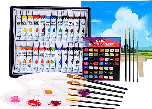 Juego de Pintura Acrilica, LINEVEO Pintura Acrilica 24 Coloresx12ml con 10 Pinceles y Paleta, Caballete, Tablero de Dibujo, Kit de Pintura Acrilica Profesionales para Lienzo, Roca,...