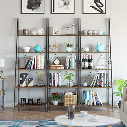 HOMFA Ladder Shelf, 5 Tier Vintage Bookcase, Multifunctional Bookshelf Plant Flower Stand Storage Rack Shelves, Wood Look Accent Metal Frame Modern Furniture Home Office