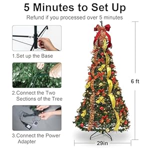 Pre-lit Christmas Tree - 6Ft Fully Decorated Pull-Up Christmas Tree with Remote, 200 LED Lights, Ornaments, Red&Gold Ribbon, Bows, Easy Assemble Collapsible Xmas Trees Holiday Party Decor Pre lit Christmas Tree 6Ft Fully Decorated Pull Up Christmas Tree with Remote 200 LED Lights Ornaments RedGold Ribbon Bows Easy Assemble Collapsible Xmas Trees Holiday Party Decor