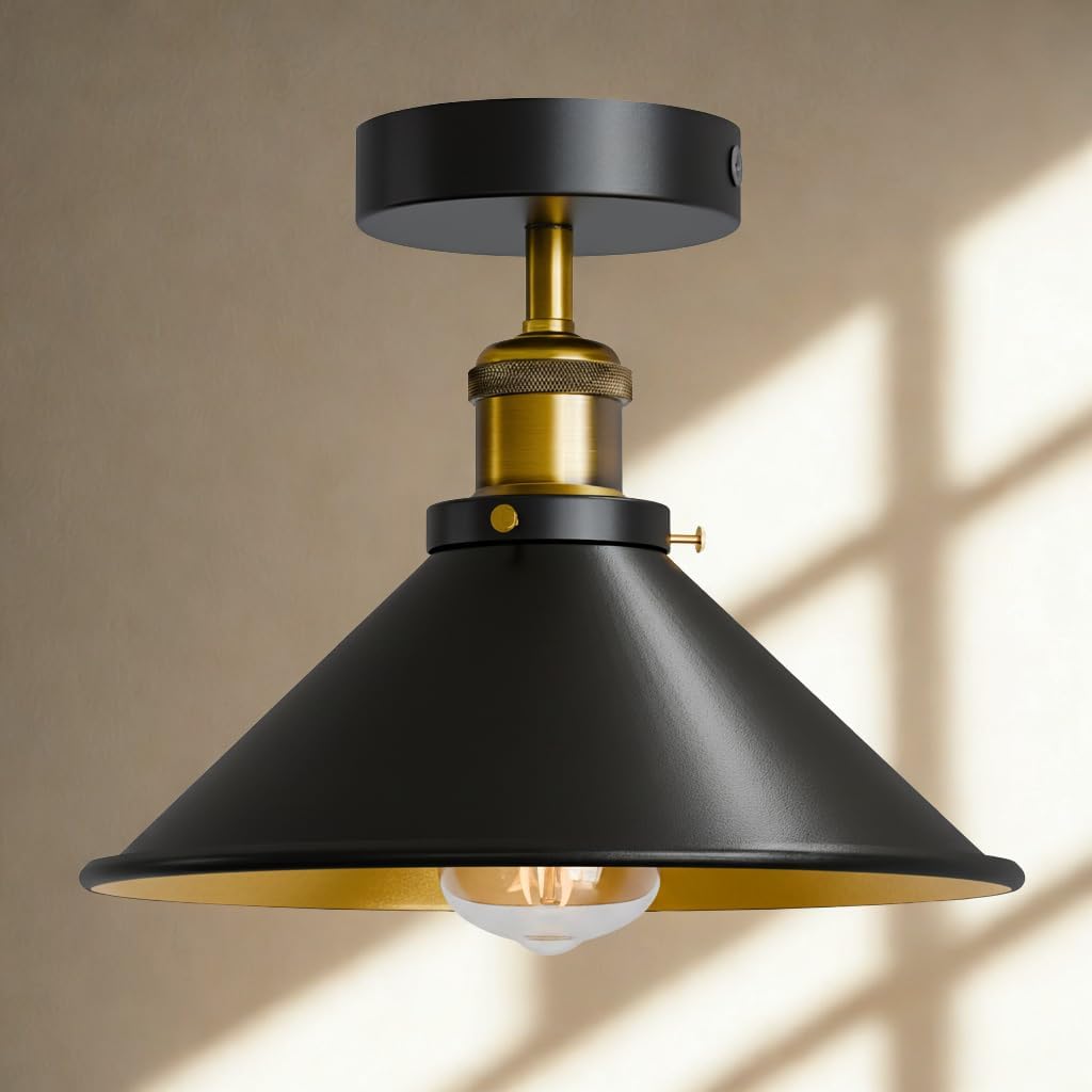 LEDSone Black Inner Gold Industrial Semi-Flush Mount Ceiling Light with Metal Cone Shade Farmhouse Lighting Fixture for Kitchen, Bedroom & Living Room with Bulb