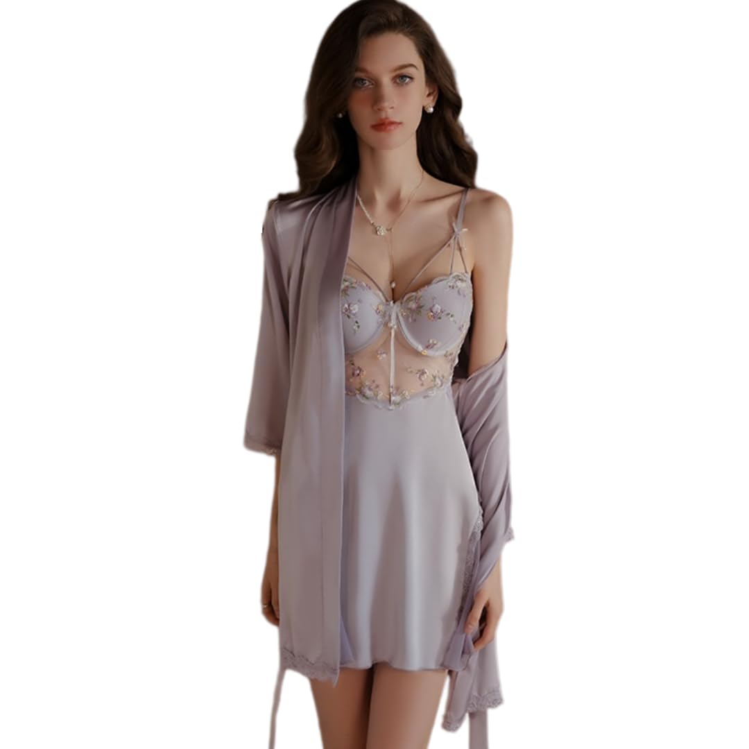 Bata Mujer Conjunto De Camisón/Bata De Satén Bordado De Malla Transparente con Efecto Push-Up Y Espalda Descubierta.