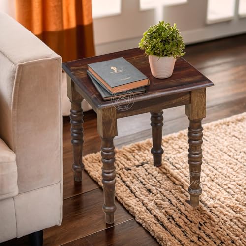 Image of NSH Solid Sheesham Wood Square Top Multipurpose Table Stool | Pre-Assembled, Ideal Corner Stool for Home, Kitchen, Living Room, Bedroom | Teak Finish, 1 Wooden Side Table