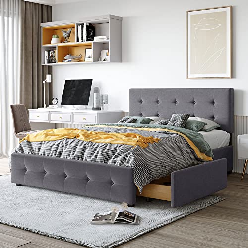 MOEO Queen Size Upholstered Platform Bed with Classic Headboard and 4 Drawers, Linen Fabric Bedframe for Kids, Bedroom, No Box Spring Needed, Gray