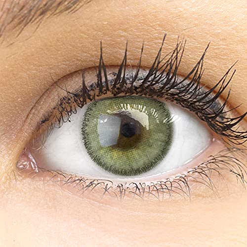 GLAMLENS lentes de cor verde + recipiente. 1 par (2 peças) - 90 dias - sem graduação em 0,00 dioptrias - macias - lentes de contacto verdes de hidrogel de silicone