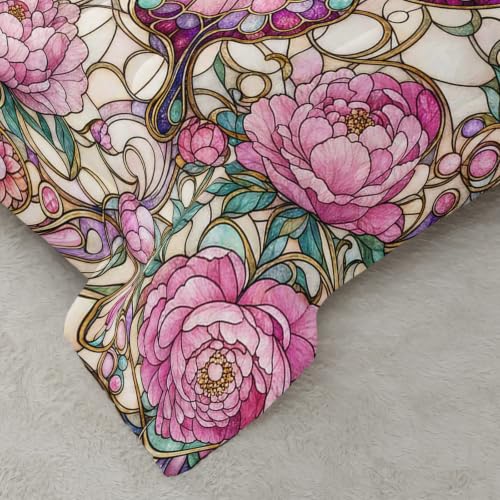 Image of AILONEN Twin Comforter Set 3 Piece, Pink Butterfly Peony Mosaic 3D Printed Bedding with 2 Pillowcases, Soft Lightweight Microfiber Romantic Decor for Compact Bedroom