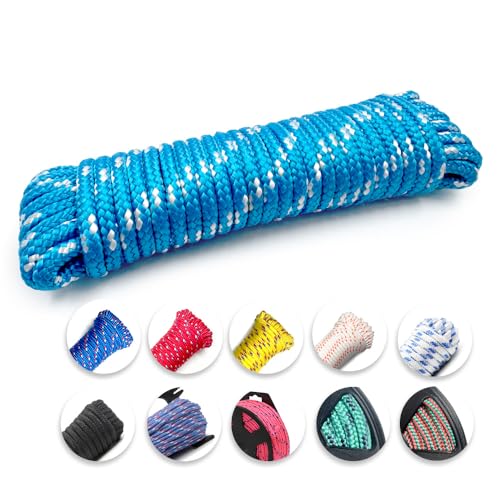 Diamond Braided Polypropylene Rope 16-Strand Lightweight Floating Utility Rope for Camping Marine Flag Pole Indoor and Outdoor Use (Blue/White 1/4in X 35FT)
