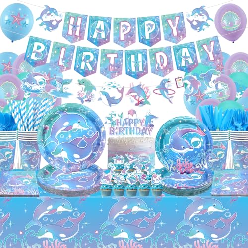 Dolphin Party Supplies Includes Banners Plates Cupcake Toppers Napkins Cups Tablecloths for Ocean DolphinTheme Birthday Baby Shower Party Decorations Serves 20