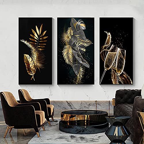 Toile feuilles dorées abstraites triptyque mural pour habiller un grand mur vide de salon 40x80cm