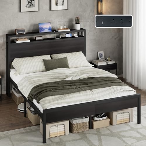 Image of AMERLIFE Queen Size Bed Frame with Storage Headboard & Charging Station, Industrial Metal Platform Bed with Large Under-Bed Storage, Heavy Duty Slats, No Box Spring Needed, Black