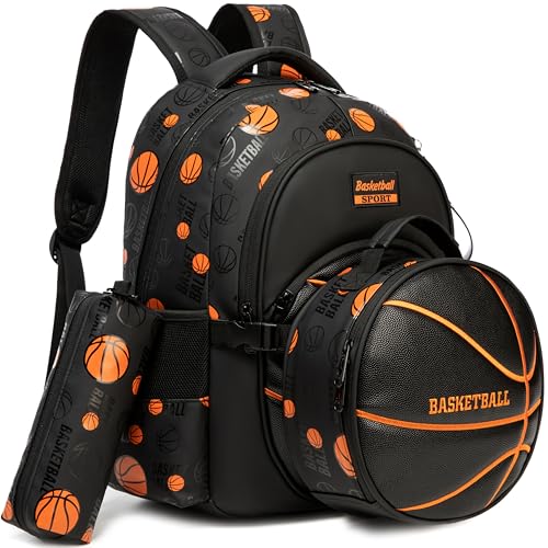 Image of Boys' School Backpack with Lunch Box and Pencil Case - Ideal for Teens and Middle School Students, Black Basketball