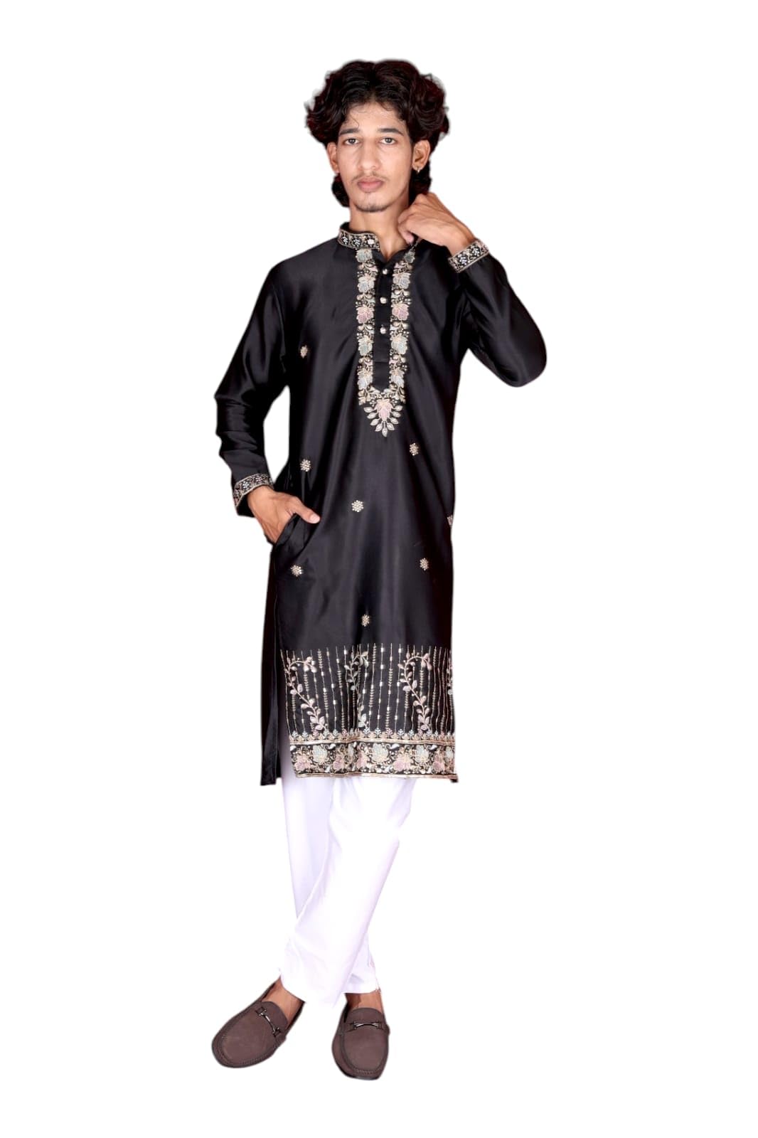 Men's Black Embroidered Kurta with White Bottoms and Brown Loafers-image-11