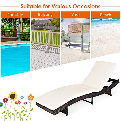 Tangkula Outdoor Folding Chaise Lounge, Rattan Patio Lounge Chair With Removable Thick Cushion, 5 Adjustable Levels, Leisure Reclining Wicker Lounge Chair For Garden, Pool Side, Balcony (2, White) #TOP7