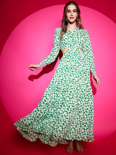 Image of Sheetal Associates Women's Crepe Fit and Flare Printed Full Sleeve V-Neck Casual Dress