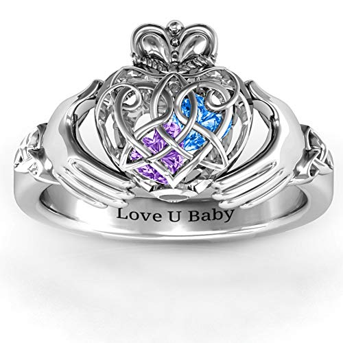 Claddagh Ring Personalized Rings for Women Customized Caged Hearts Crown Ring Promise Rings for Her Friendship Birthstone Rings for Girl Engagement Ring Engraved Ring Gift for Wife/Girlfriend Silver