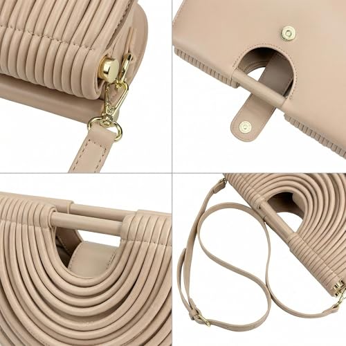 Image of Elegant Half Round Chinc Woven PU Leather Lou Top Handle Bag for Women Formal Evening Clutch Purses