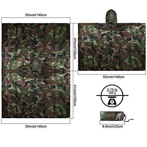 Fousam Camo Poncho, Waterproof Ripstop Hooded Raincoat Lightweight Packable Rain Cover for Hunting Camping Backpacking Emergency Tent Shelter Us Woodland