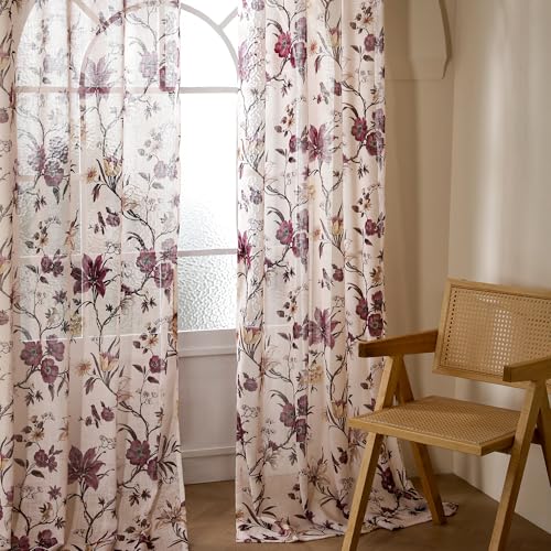 Image of Story@Home Door Curtains 7 Feet Long Set of 1 | Floral Printed | Semi Transparent Curtain | Net Curtains | Sheer Curtain for Living Room | (118 x 215 cm, Cream & Purple) | Perfect for Home Decor