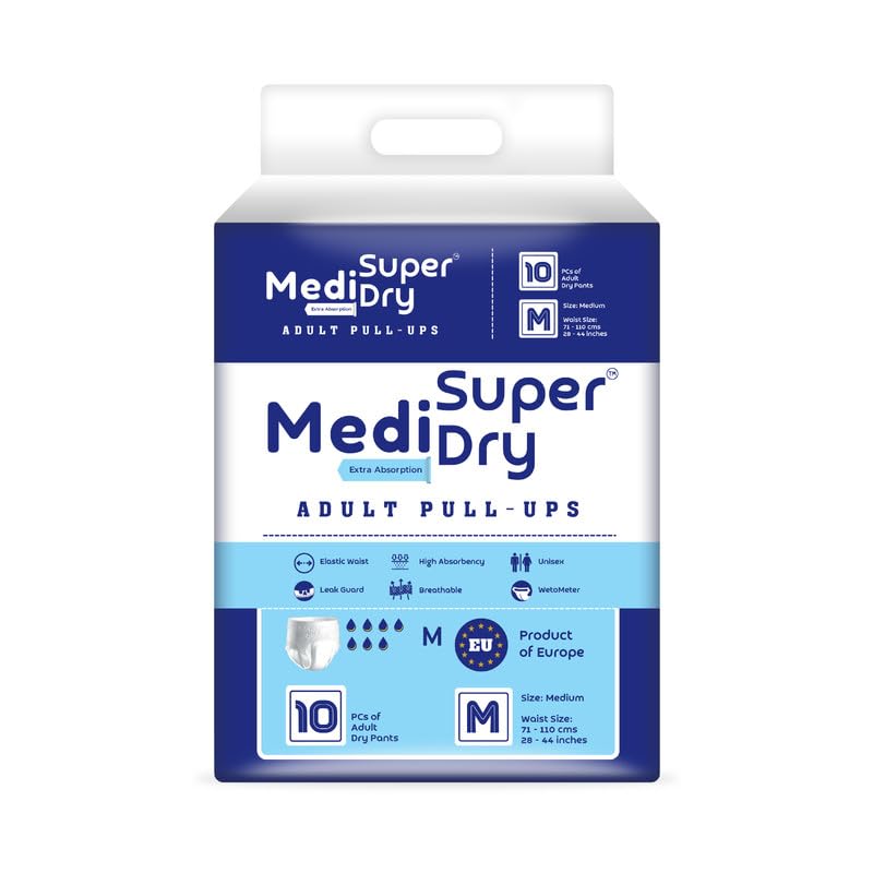 Medi Super Dry Adult Diaper Pants Medium (M) Size, Adult Pull-Ups, High Absorbency, Leak Proof, Overnight Protection, Elastic Waist Size (71-110 cm | 28-44 Inches), 10 Pieces, Pack of 1