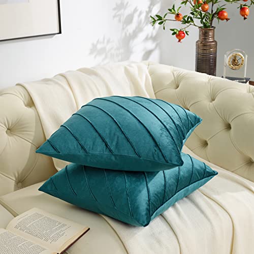 Image of GIGIZAZA Decorative Velvet Pillow Covers 16x16, Set of 2 Teal Green Sofa Couch Throw Pillows Covers Cases, Living Room Square Cushion Accent Stripe Covers