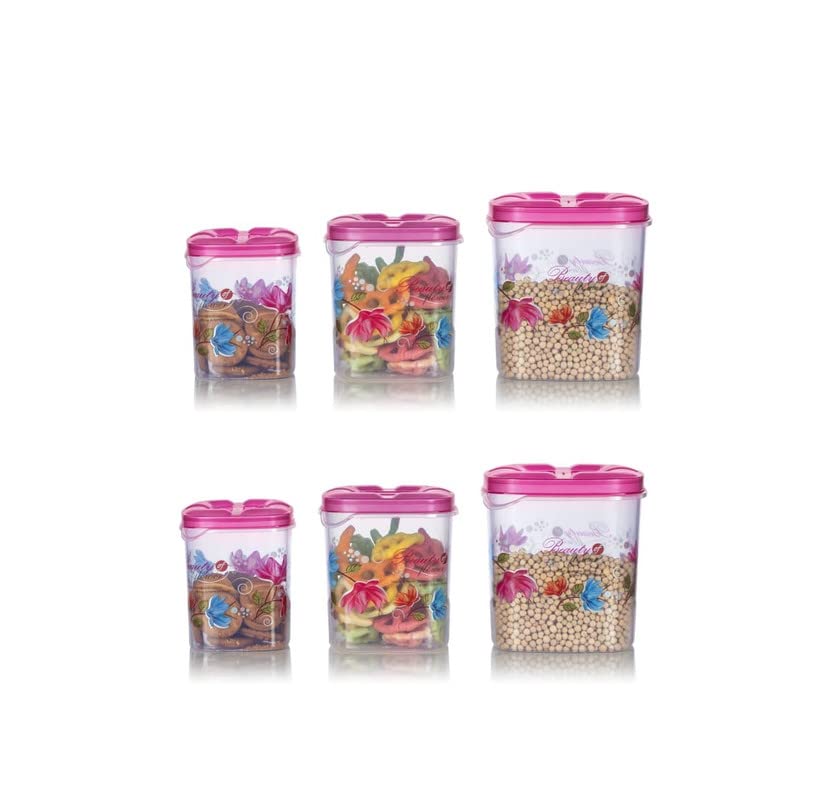Portible Plastic Kitchen Storage Container Set Set of 6 (2/1000ml, 2/2000ml, 2/3000ml) (Pink)