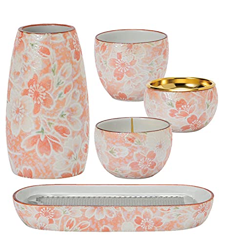 サンメニー 天音 五具足 5点セット お盆や法事に 花立 灯立 寝かせる線香皿 茶湯器 仏器セット 有田焼 波佐見焼の仏具 ミニ仏壇やステージ仏壇にも モダン仏壇 家具調のステージ仏壇などに合わせやすい 雅桜ピンク 国産 日本製