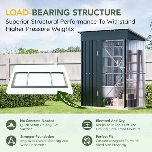 Image of Breezz 5x3FT Vertical Outdoor Steel Storage Shed with Floor Frame, Lockable Doors, Compact Metal Tool Shed for Garden, Backyard, Patio, Utility, and Bike Storage