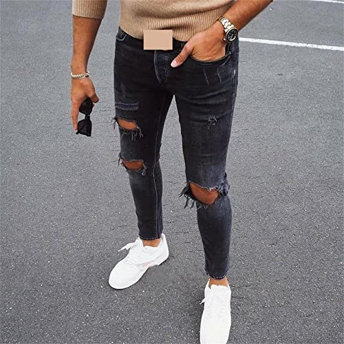Crazynekos Men Ripped Skinny Denim Pants Straight Trousers Distressed Jeans Mid Waisted Slim Fit Pants2