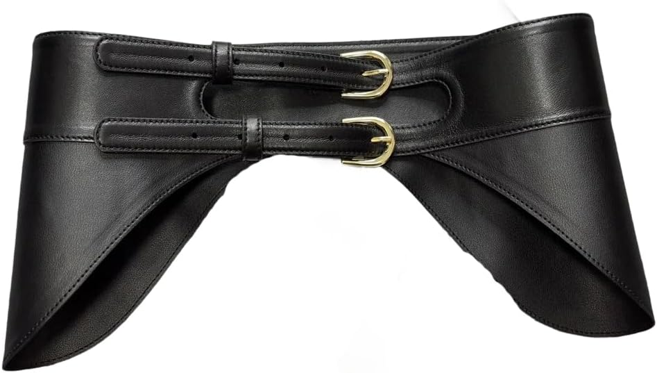 Women's Double-Hand Buckle Soft Waist Belt, Solid Color Wide Genuine Leather Belt, Dress Belt