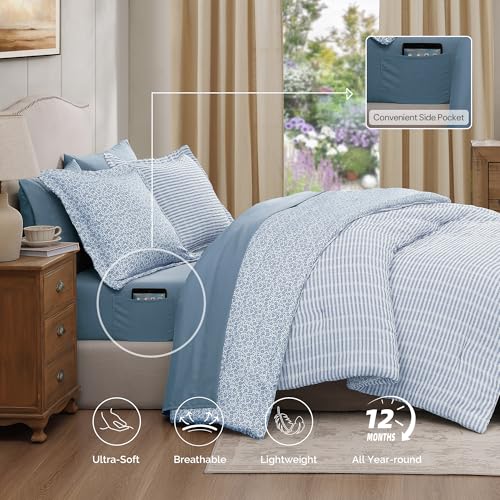 Queen Comforter Set - 7 Pieces Blue Gauze Muslin Bedding Sets for All Seasons, Lightweight Breathable Bed in a Bag Queen with Revesible Farmhouse Comforter, Sheets, Pillowcases & Shams