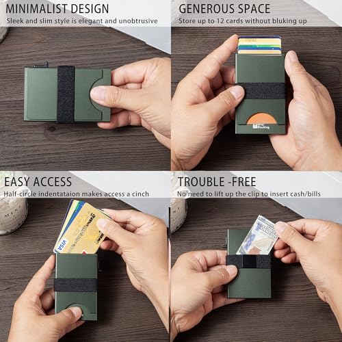 Image of Card Holder Wallets for Men | Slim Aluminum Wallet | RFID Blocking Minimalist Metal Pop Up Wallet | Money Clip & Cash Band | Expandable Compact Plate | Men's Accessories & Gifts for Men,Army Green
