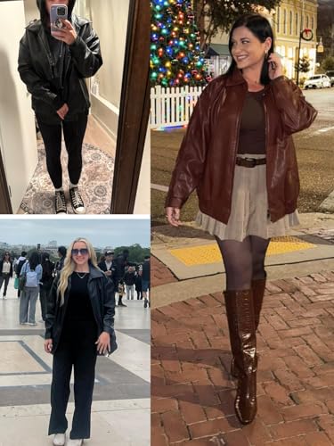 hathne Women's Oversized Leather Jackets Faux Zip Up Fall Fashion Motorcycle Jackets Coats Winter Clothes4